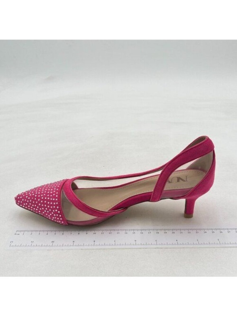 Pink Women Mid Kitten Heels Pumps Rhinestones Mesh Slip On Pointed Toe Shoes